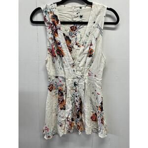 Free People Women's Sleeveless Top Small Ivory Floral Pattern - Deep V Neck